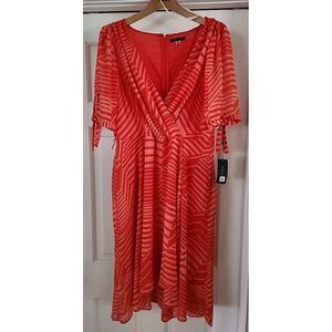 Tommy Hilfiger Short-sleeve Orange Chiffon Faux Wrap Dress size 14 NO SASH‎ /NWT